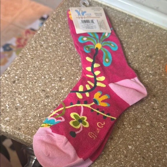 Blue Q Pink Crew Socks with Colorful Text and Floral Design - Picture 3 of 6